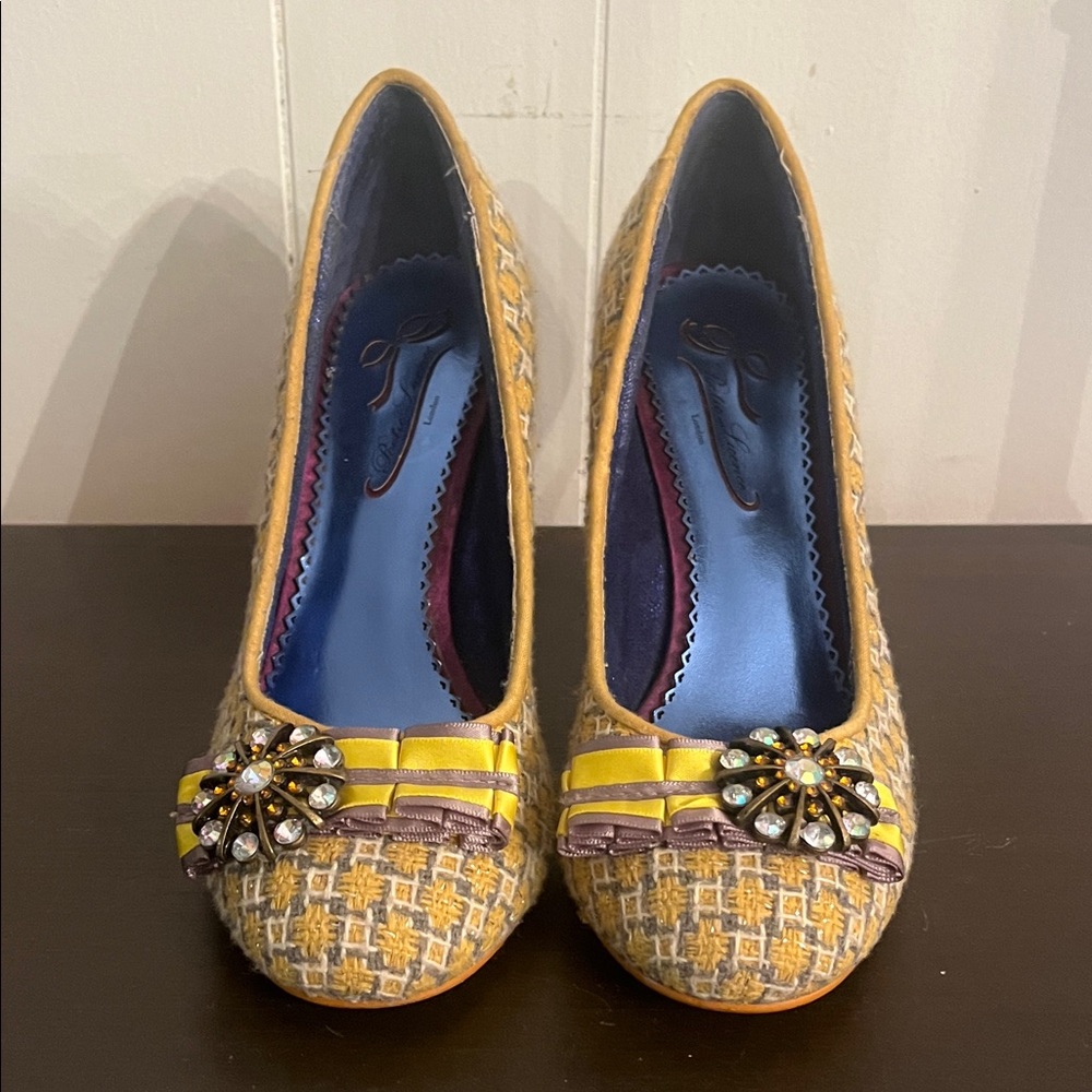 Poetic License Yellow Tweed Jeweled Ribbon Pumps